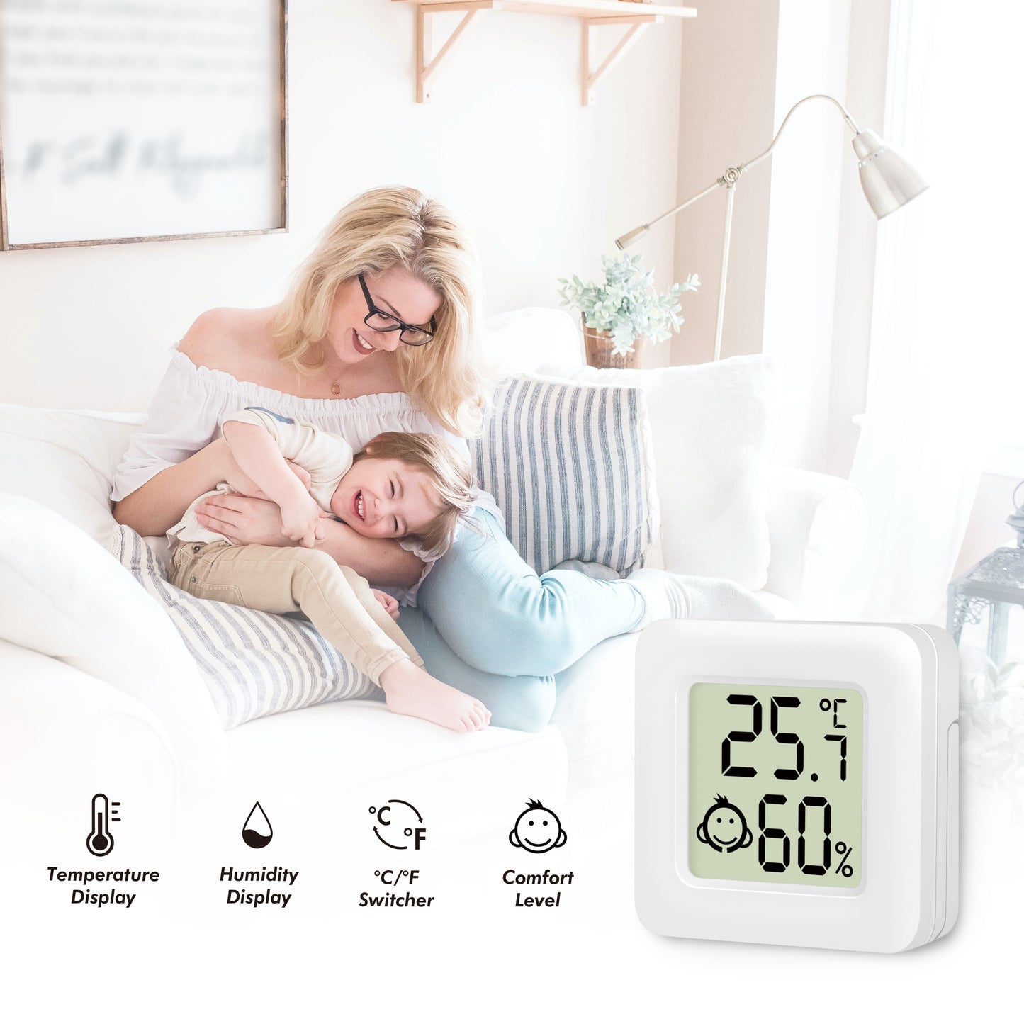 LogiLink digitalt mini-termometer/hygrometer 3-pak med display, viser 25,7°C og 60 luftfugtighed, indeklima- og komfortikoner.