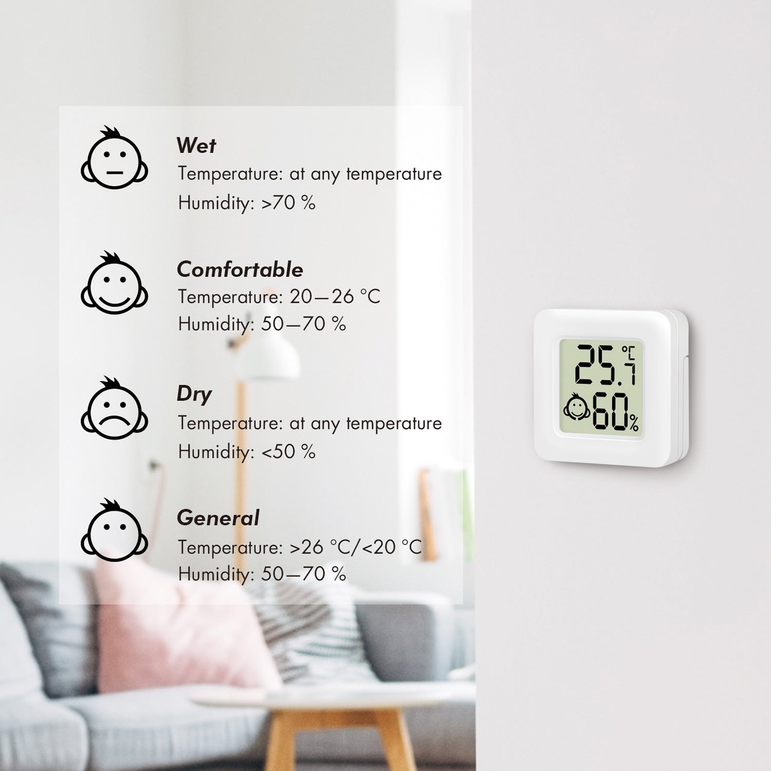 Logilink digitalt mini-termometer/hygrometer 3-pak visning 25,7°C og 60 luftfugtighed med komfortikoner på væggen.