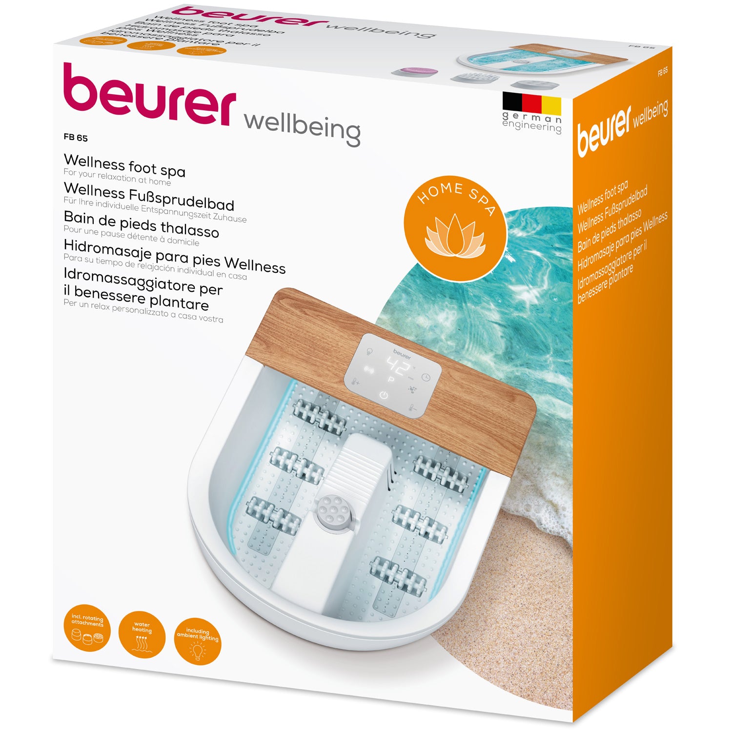 Beurer fodbad FB 65 med massage i kasse, orange "Home Spa"-mærke, nøglefunktioner på flere sprog.
