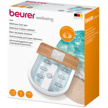 Beurer fodbad FB 65 med massage i kasse, orange "Home Spa"-mærke, nøglefunktioner på flere sprog.