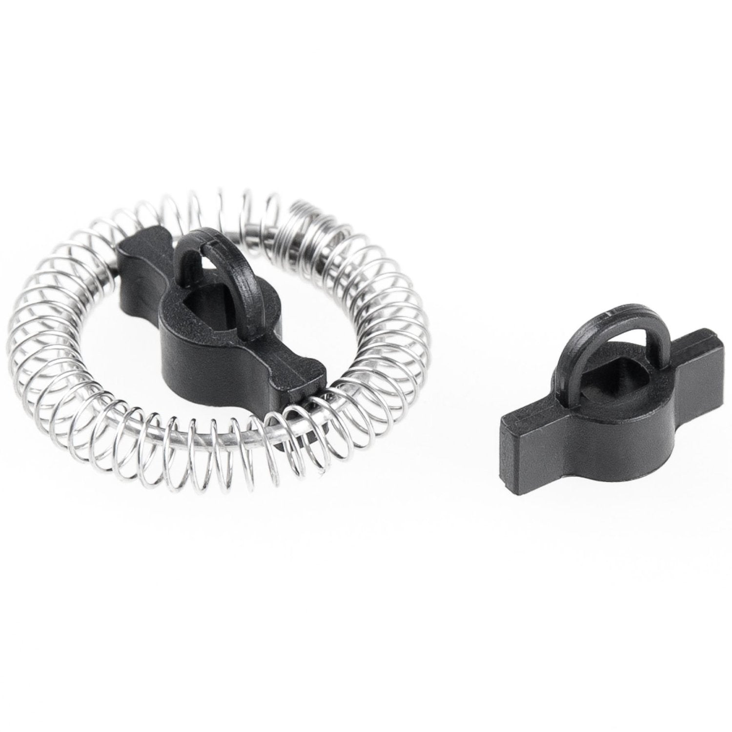 Champion mælkeskummer MS210 reservedele, metalfjeder med sort plastindsats og tilhørende sort plastdel.