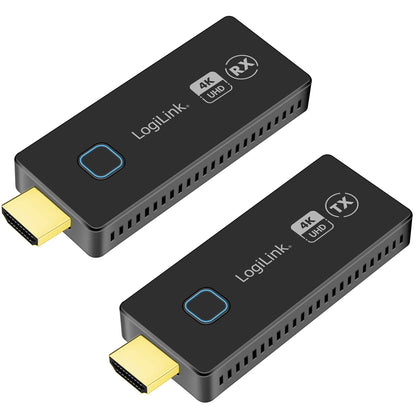 LogiLink HDW0102 sort trådløs 4K HDMI extender sæt, TX og RX med guldfarvede HDMI-stik og blå detaljer.