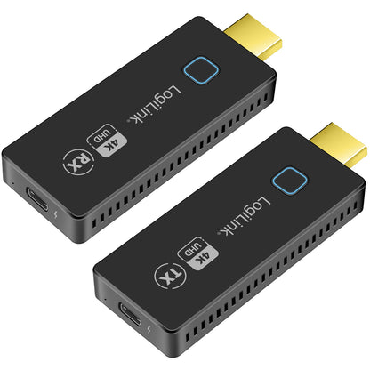 LogiLink HDW0102 sorte trådløse 4K HDMI-forlængere, HDMI-til-HDMI 30m, guldbelagte stik, TX/RX mærket, USB-C port, knap på toppen.