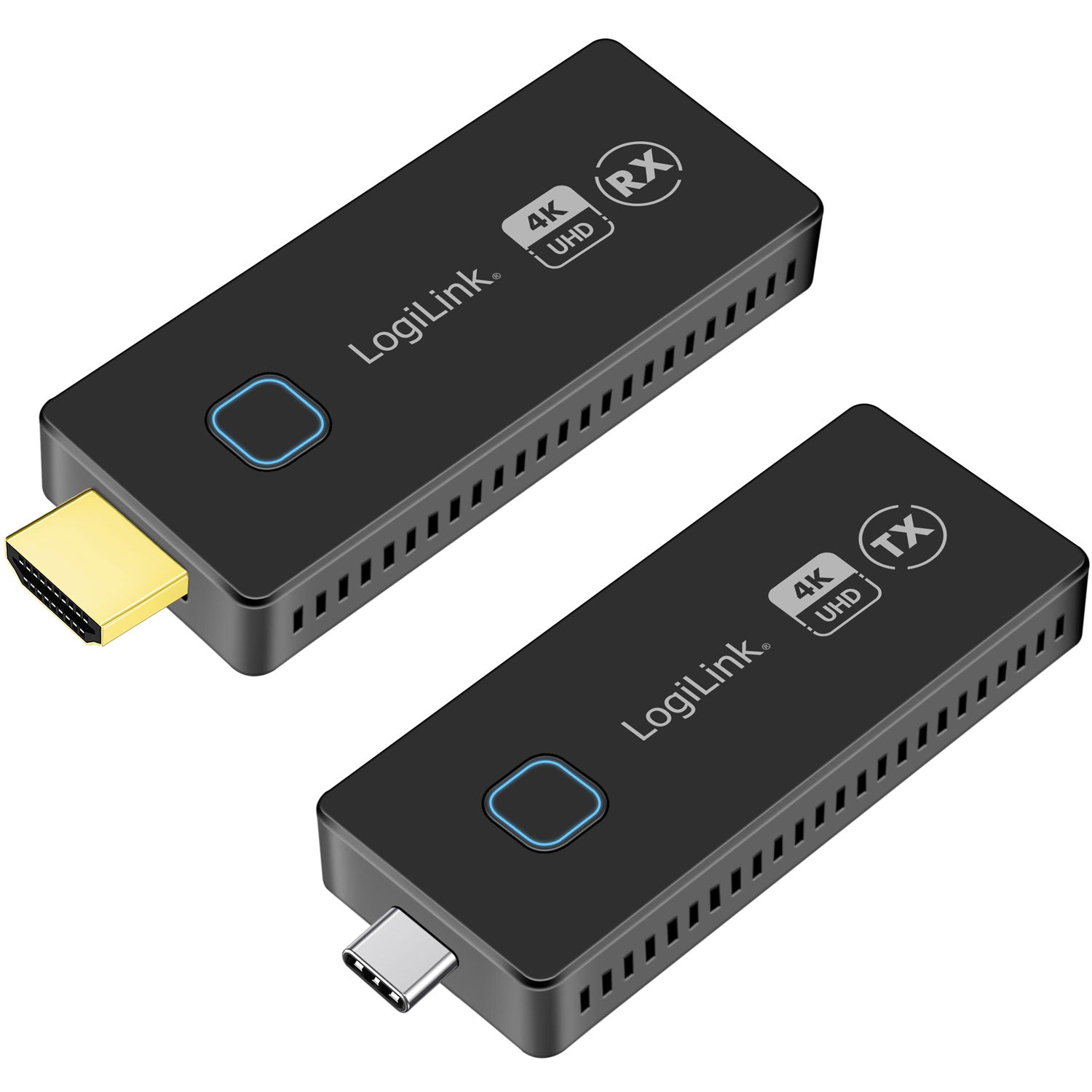 LogiLink HDW0104 trådløse 4K videooverførsels-enheder, RX med HDMI og TX med USB-C til HDMI, rækkevidde op til 30 m.
