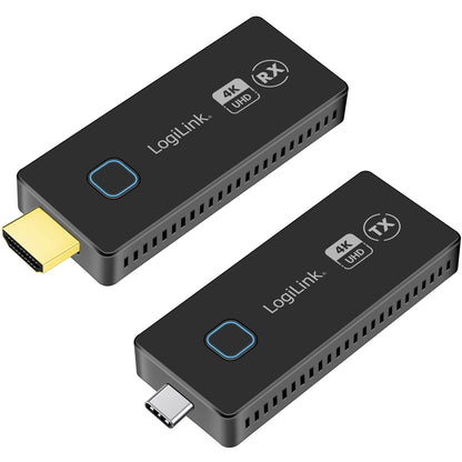 LogiLink HDW0104 trådløse 4K videooverførsels-enheder, RX med HDMI og TX med USB-C til HDMI, rækkevidde op til 30 m.