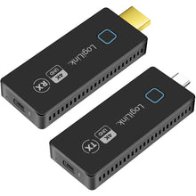 LogiLink HDW0104 trådløse 4K enheder USB-C til HDMI, blå knap, labels, USB-C port og HDMI/USB-C stik, ventilationsslidser.