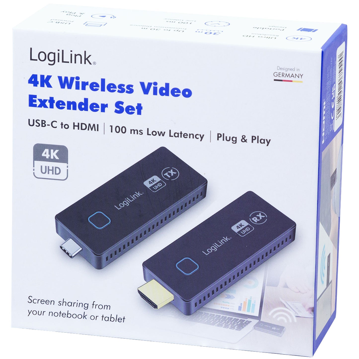LogiLink HDW0104 trådløs 4K videooverførsel USB-C til HDMI, boks med to slags RX- og TX-enheder, 30 m rækkevidde.
