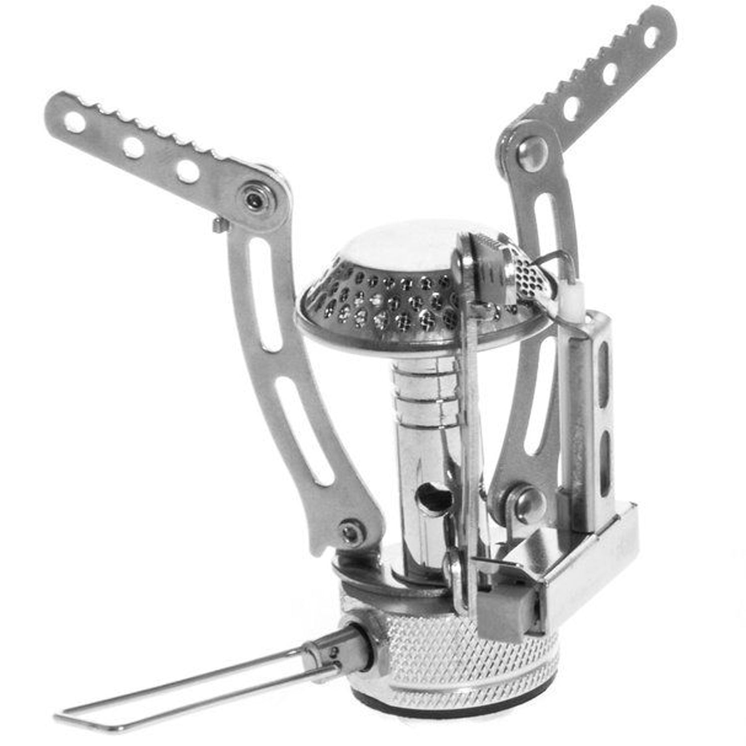 Mini gaskomfur, foldbart metal med tre arme og brænderhoved, til gaspatron til udendørs madlavning.