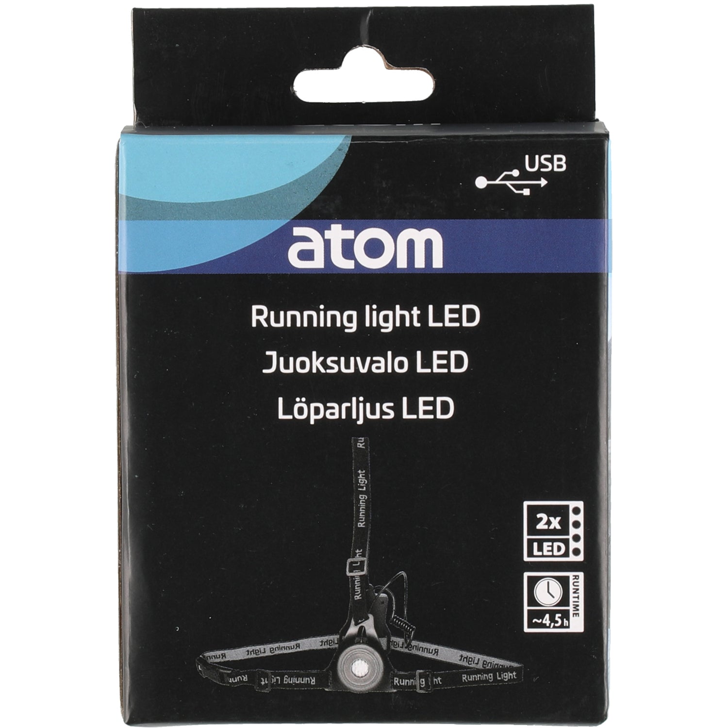 LED Løbelampe Genopladelig sort æske, engelsk/finsk/svensk tekst, USB-symbol, 2 LED-ikoner, billede af lampe.