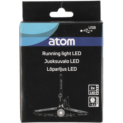 LED Løbelampe Genopladelig sort æske, engelsk/finsk/svensk tekst, USB-symbol, 2 LED-ikoner, billede af lampe.