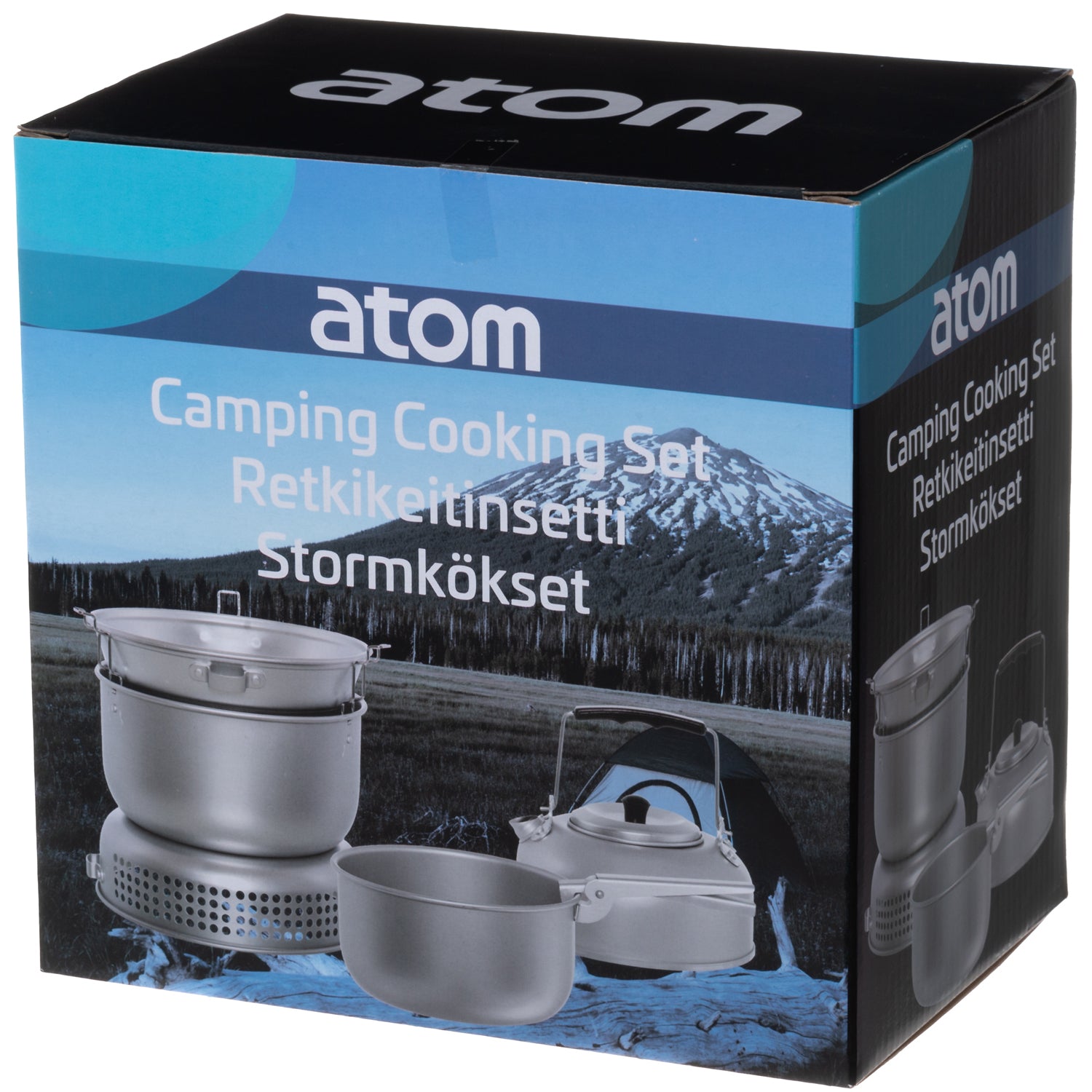 Storm køkken - 10 dele metal campingudstyr med gryder, kedel og gasbrænder, tekst på engelsk, finsk og svensk på æsken.