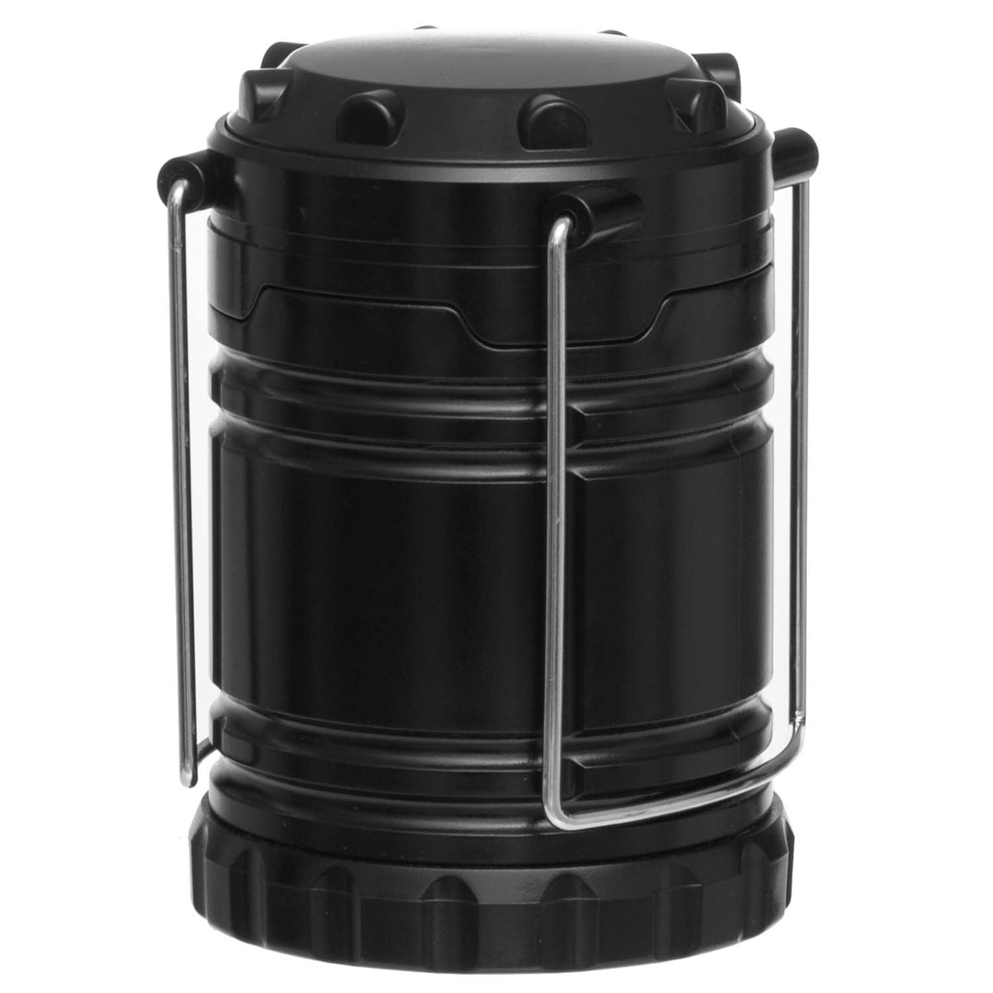 LED campinglanterne sort sammenklappelig cylindrisk med metalhåndtag på begge sider vist i lukket position.