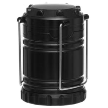 LED campinglanterne sort sammenklappelig cylindrisk med metalhåndtag på begge sider vist i lukket position.