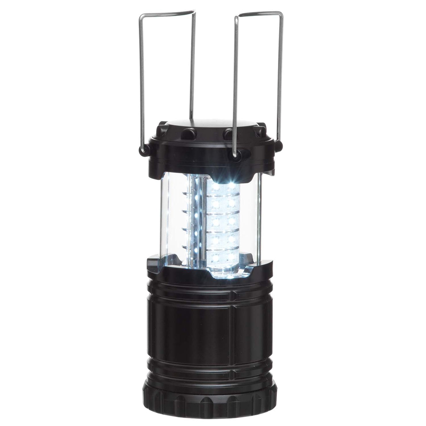 LED campinglanterne i sort cylinderform med to metalhåndtag, klar midte udsender hvidt lys ved udfoldning.