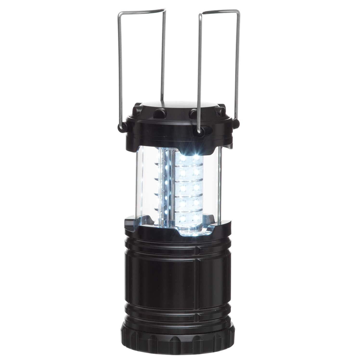 LED campinglanterne i sort cylinderform med to metalhåndtag, klar midte udsender hvidt lys ved udfoldning.