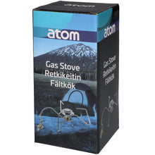Gaskøkken 3500W i blå/sort kasse med billede af telt og natur, tekst på tre sprog, egnet til camping og udendørs madlavning.