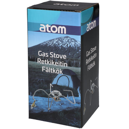 Gaskøkken 3500W i blå/sort kasse med billede af telt og natur, tekst på tre sprog, egnet til camping og udendørs madlavning.