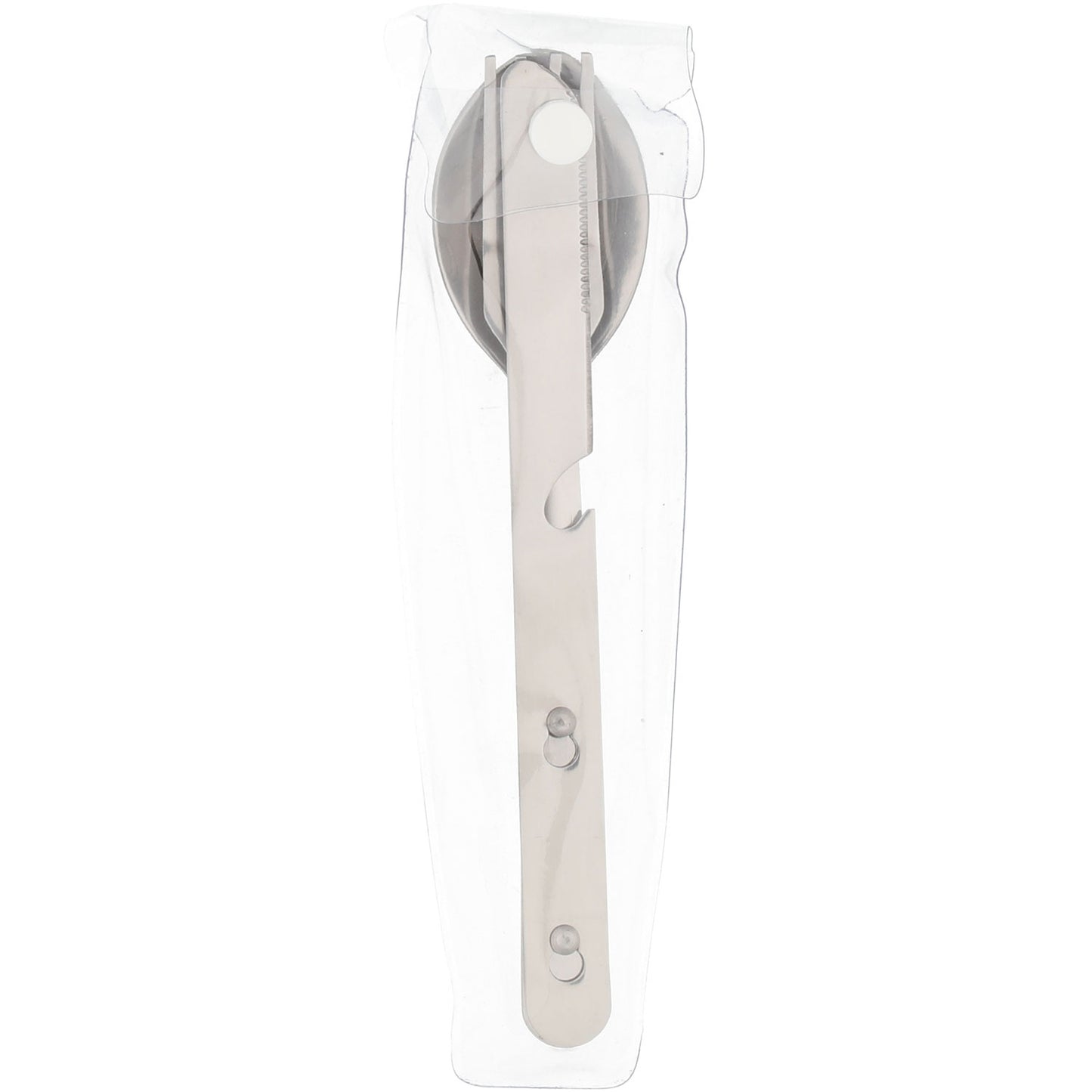 Camping sæt med 9 dele, herunder kompakt sølvfarvet dåseåbner i metal med foldbar håndtag i klar plastpose.