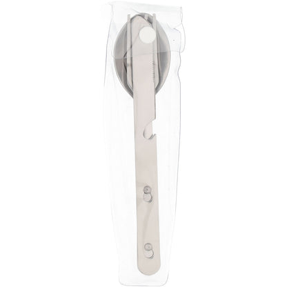 Camping sæt med 9 dele, herunder kompakt sølvfarvet dåseåbner i metal med foldbar håndtag i klar plastpose.