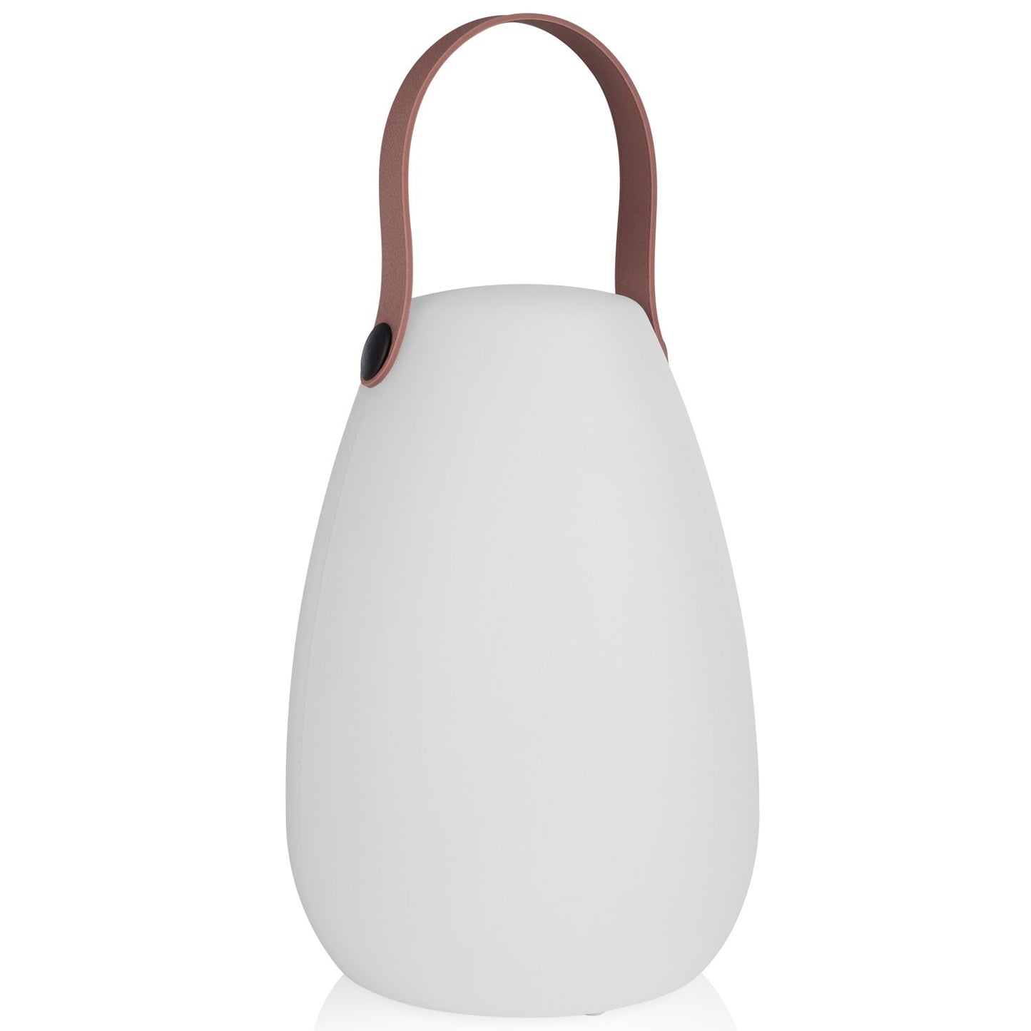 Genopladelig udendørs lanterne, hvid oval form med brun læderlook hank.