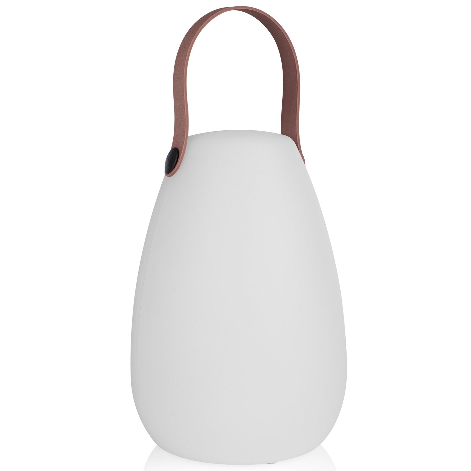 Genopladelig udendørs lanterne, hvid oval form med brun læderlook hank.