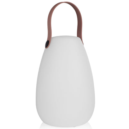 Genopladelig udendørs lanterne, hvid oval form med brun læderlook hank.