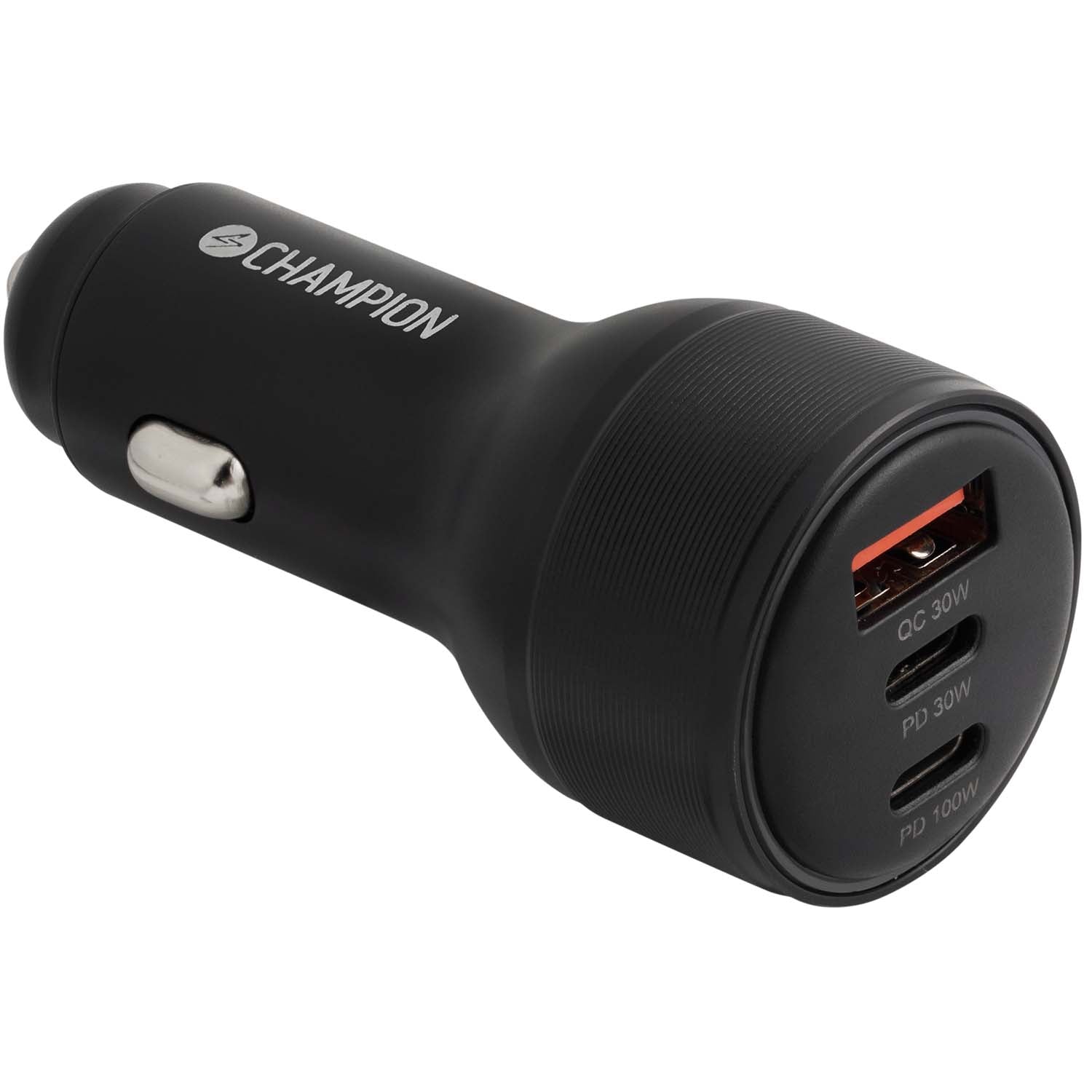 Champion biloplader 130W sort med 1x USB-A QC3.0 30W og 2x USB-C PD 30W/100W, samlet udgang op til 130W.