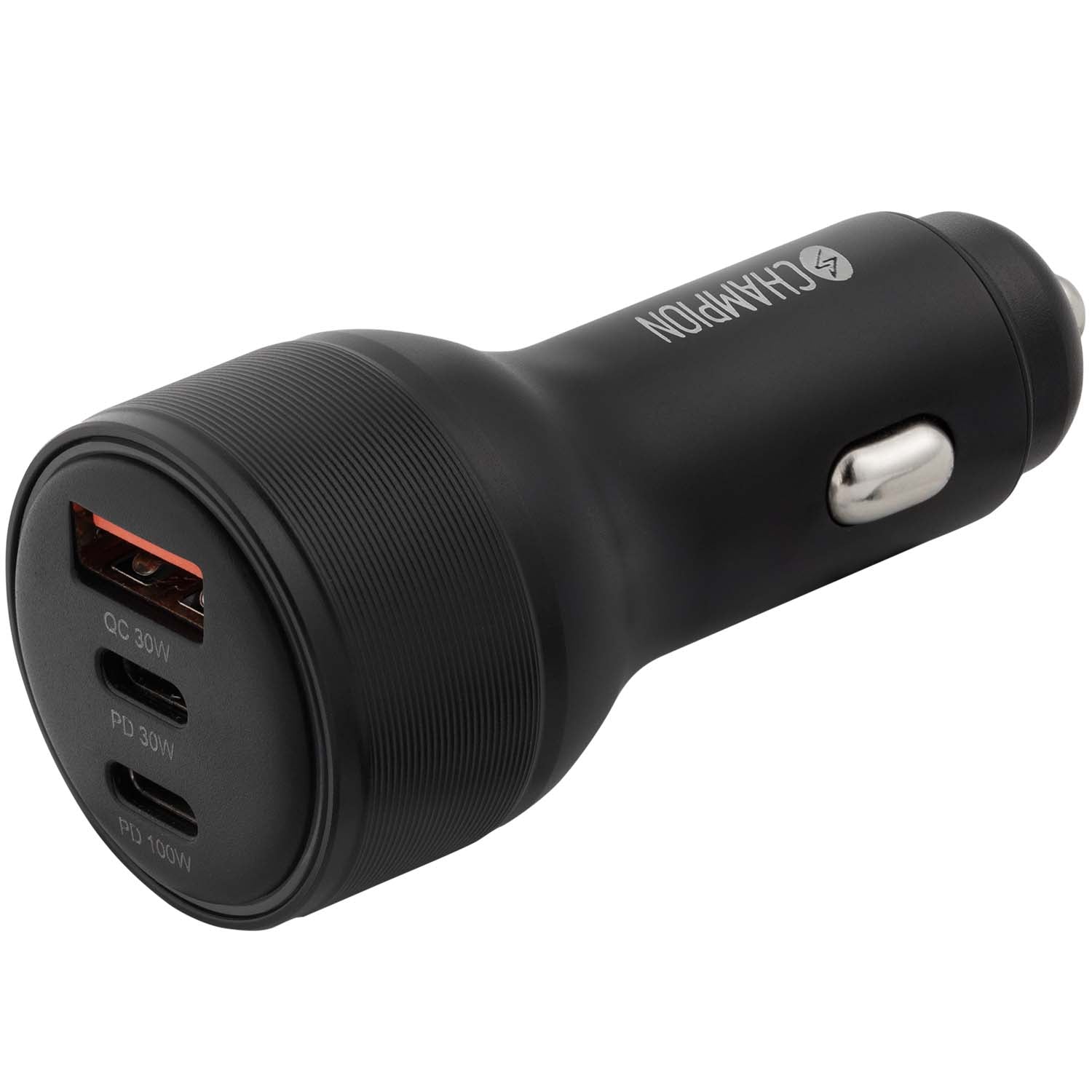 Champion biloplader 130W sort med én orange QC3.0 PD-port (30W) og to slags PD-porte (30W, 100W), tre udgange.