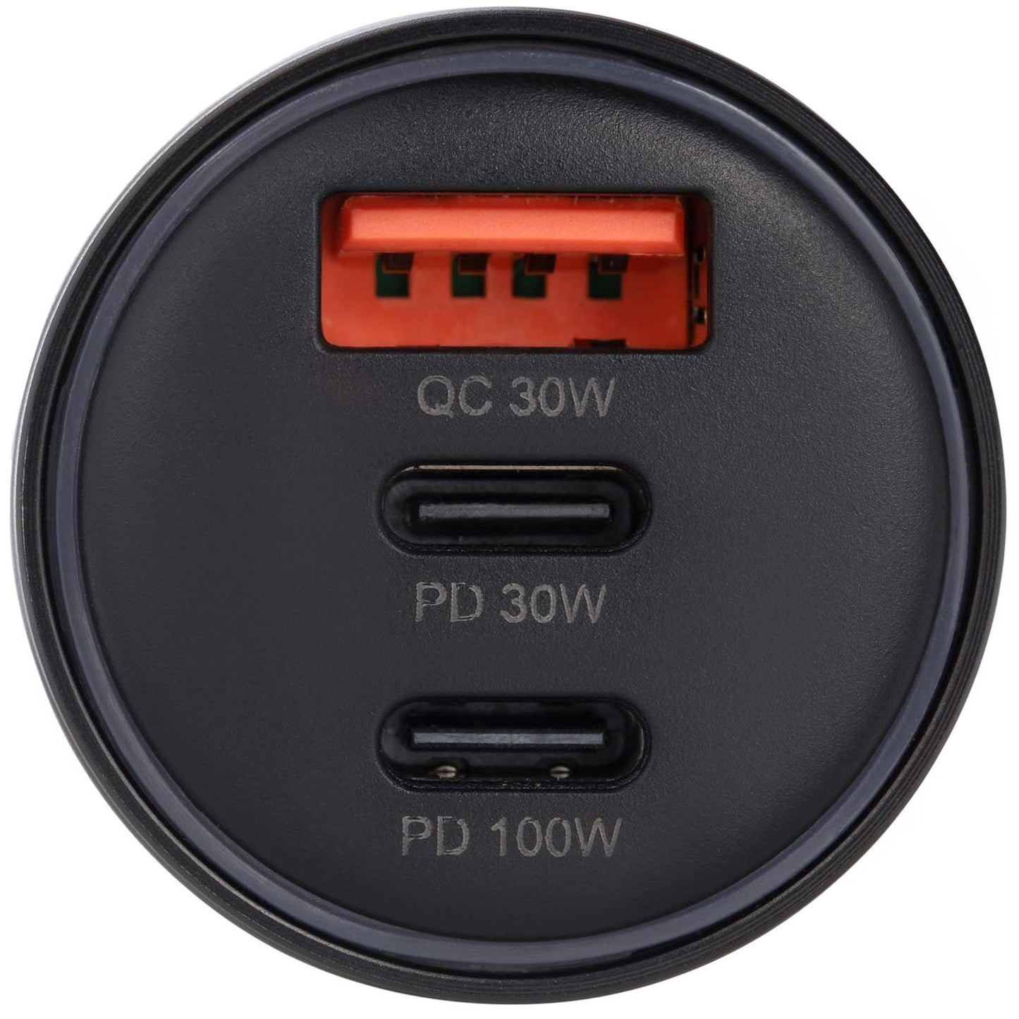 Champion biloplader 130W sort med orange USB-A QC3.0 30W og til USB-C PD 3.0 porte 30W/100W, i alt 3 porte.
