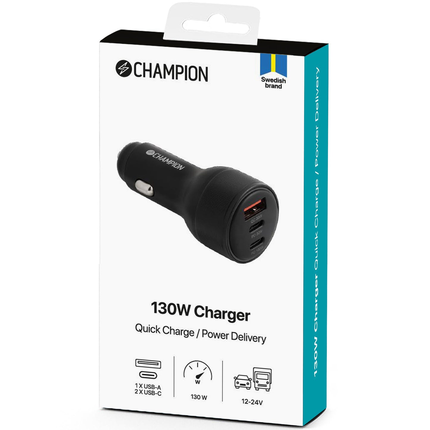 Champion Biloplader 130W sort med to USB-C og en USB-A port, QC3.0, PD 3.0, power delivery, til 12-24V systemer.