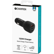 Champion Biloplader 130W sort med to USB-C og en USB-A port, QC3.0, PD 3.0, power delivery, til 12-24V systemer.