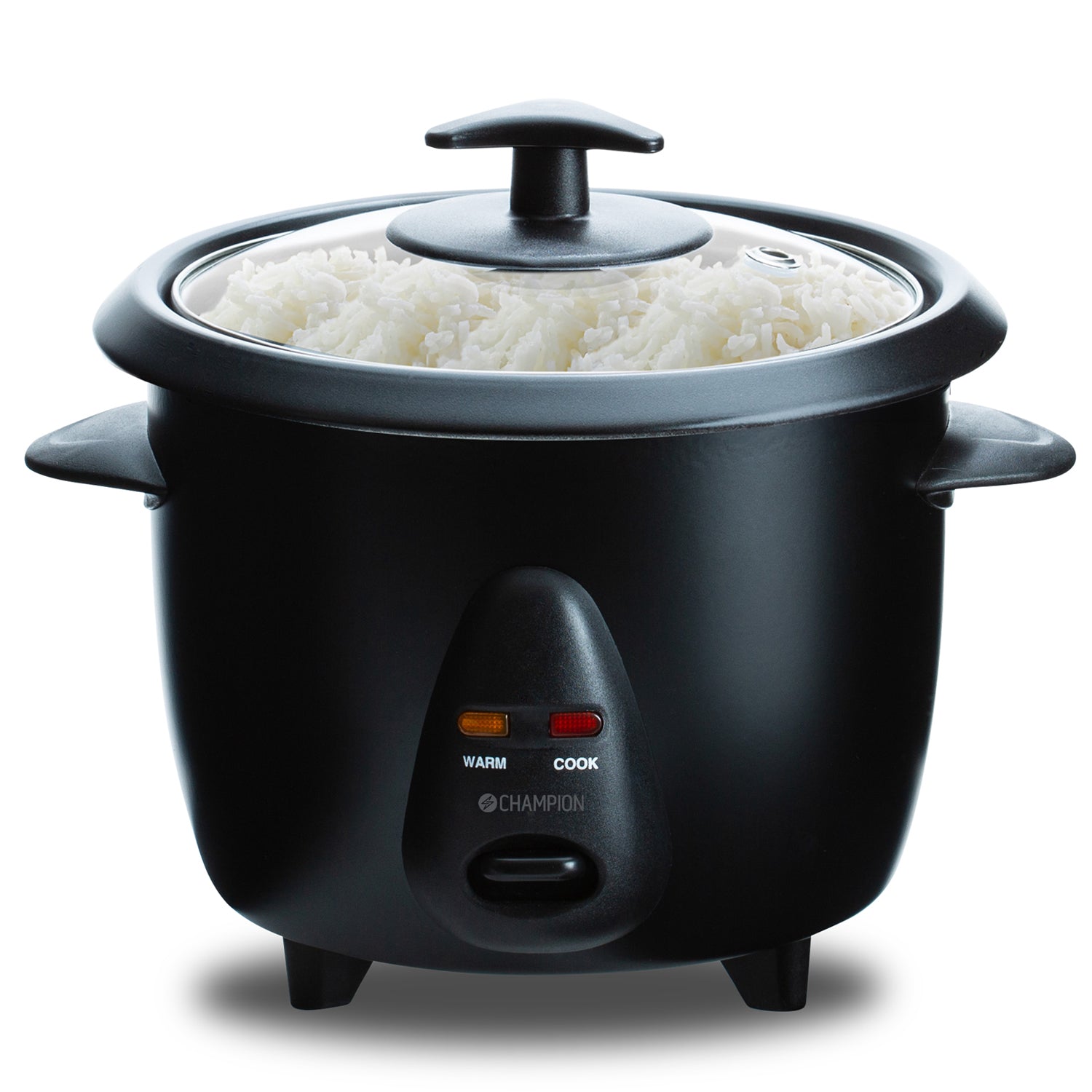 Champion riskoger mini 0,6L sort keramisk non-stick, glaslåg, til indikatorlamper warm/cook på fronten.
