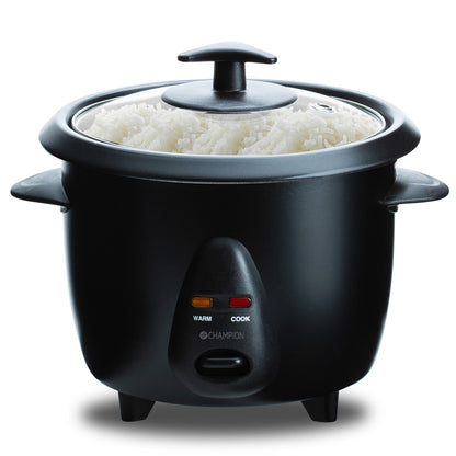 Champion riskoger mini 0,6L sort keramisk non-stick, glaslåg, til indikatorlamper warm/cook på fronten.