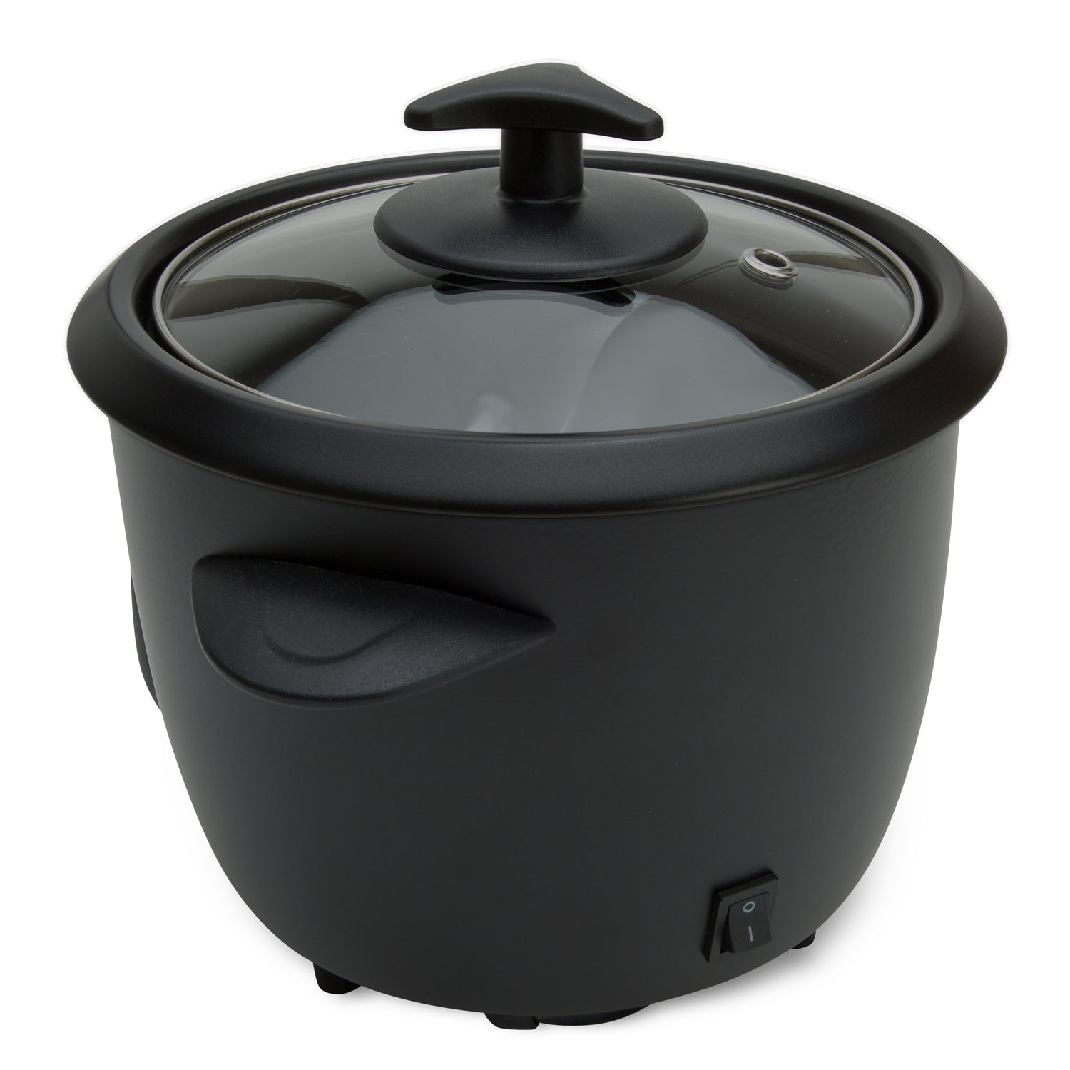 Champion Riskoger Mini 0,6L sort med glaslåg, dampudtag, keramisk belægning, håndtag og tænd/sluk-knap.