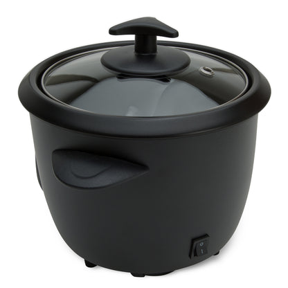 Champion Riskoger Mini 0,6L sort med glaslåg, dampudtag, keramisk belægning, håndtag og tænd/sluk-knap.