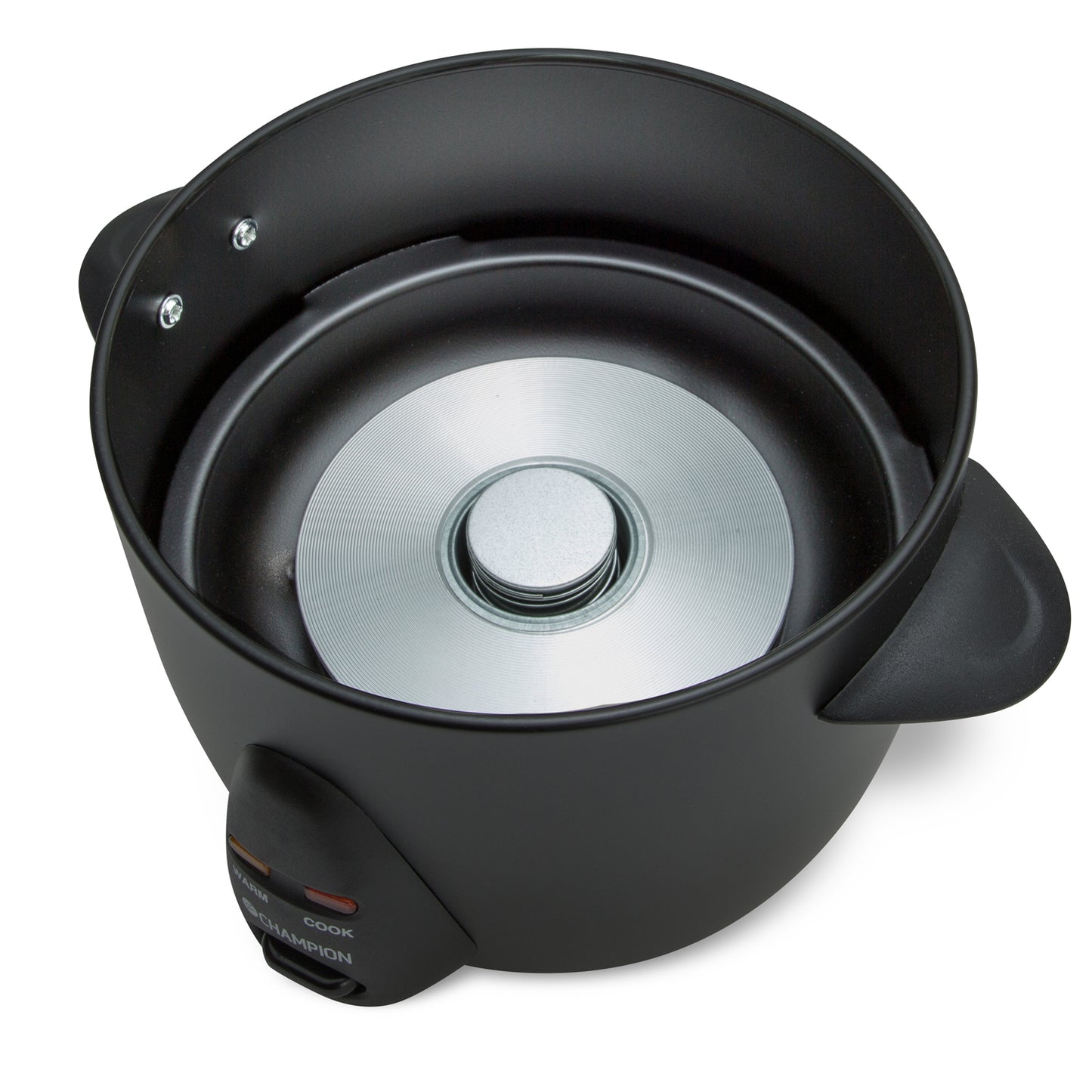 Champion Riskoger Mini Keramisk 0,6L sort uden låg og indergryde, synlig metalvarmeplade og to håndtag.