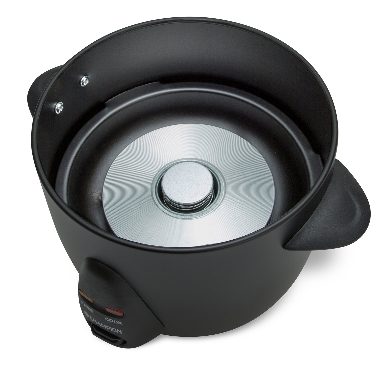 Champion Riskoger Mini Keramisk 0,6L sort uden låg og indergryde, synlig metalvarmeplade og to håndtag.