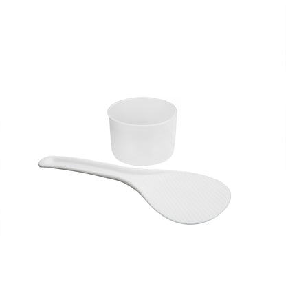 Hvid ris-ske i plast og gennemsigtig målekop til Champion Riskoger Mini Keramisk 0,6L Sort.