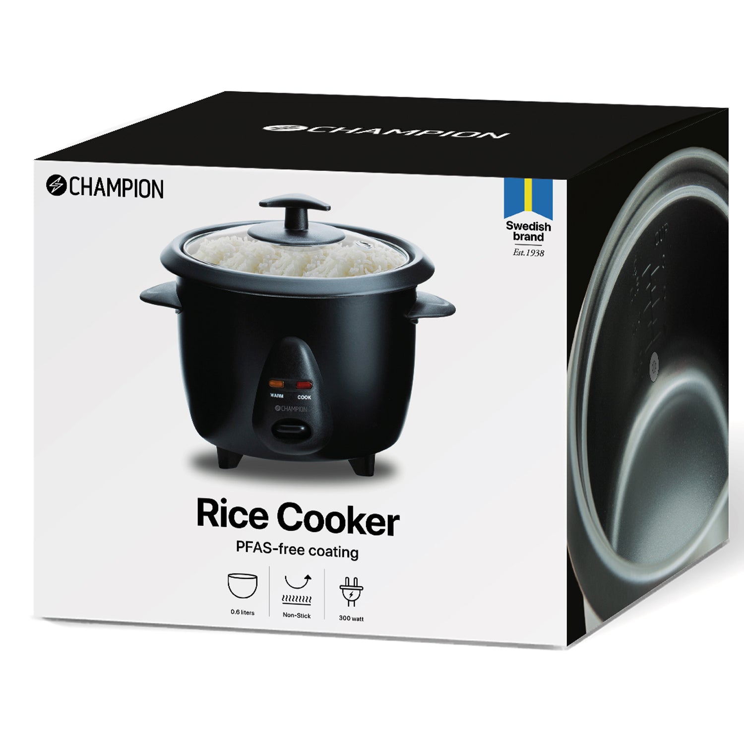 Champion Riskoger Mini Keramisk 0,6L Sort med keramisk non-stick belægning, PFAS-fri coating og Swedish Brand på æsken.