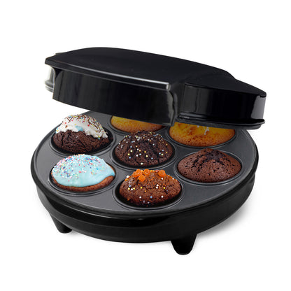Champion Muffin Bage Maskine 700W sort bager 6 muffins med glasur og krymmel, åbent låg viser indhold.