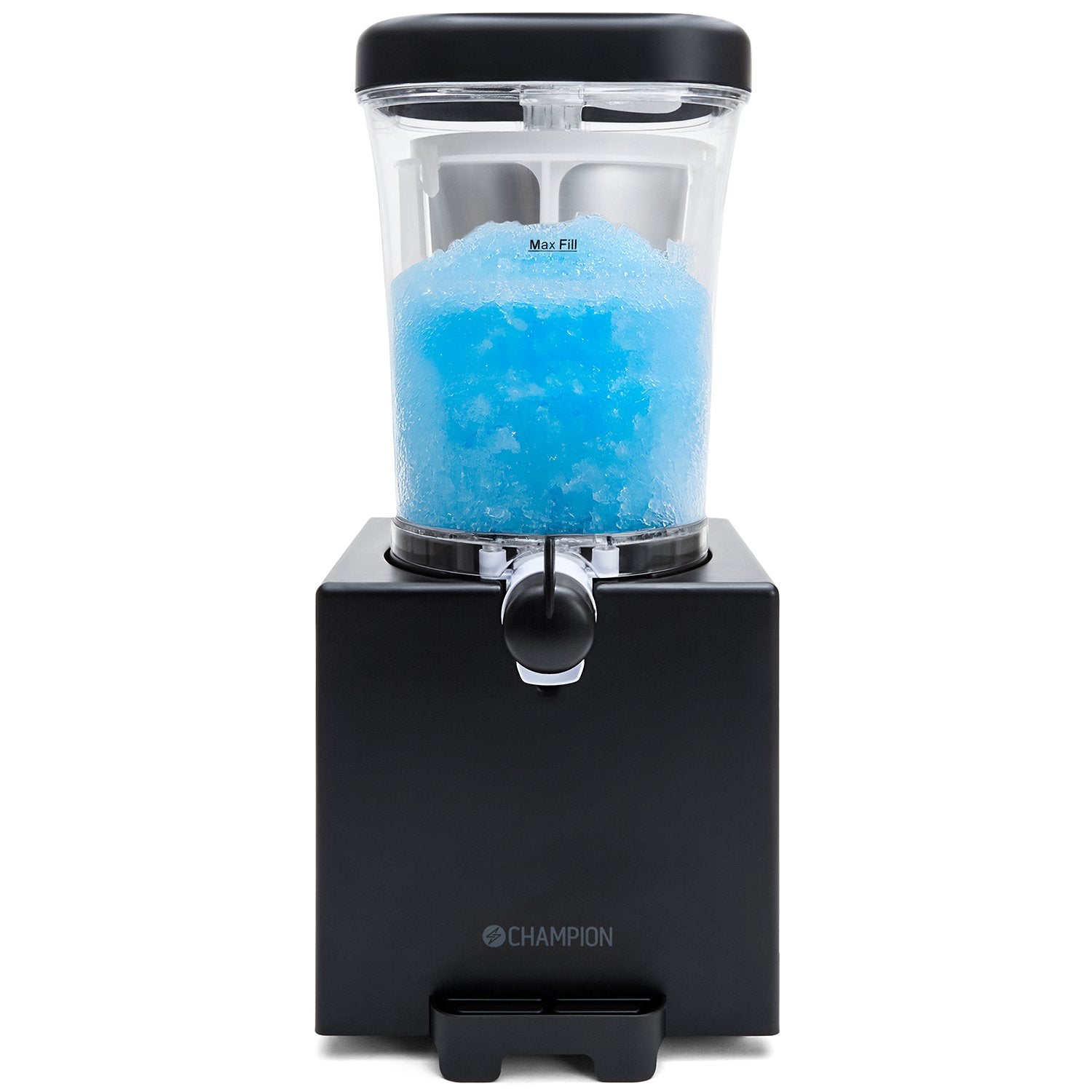 Champion Slush Ice Maskine 1L sort, sort/klar model med fronttud, fyldt med blå is og CHAMPION-logo på frontpanel.