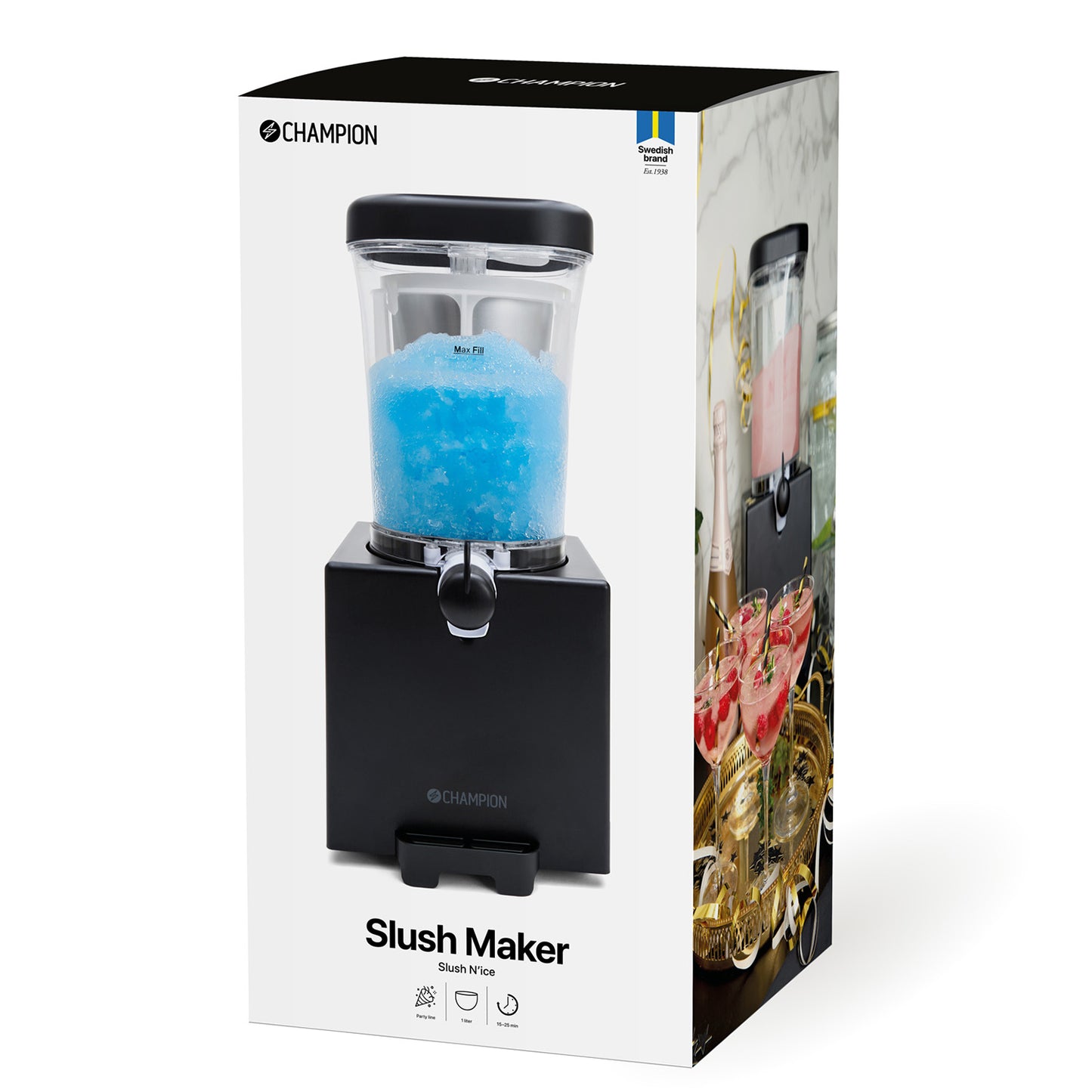 Champion Slush Ice Maskine 1L Sort på æske med blå slush, farverige drikke og produktnavn samt featureikoner.