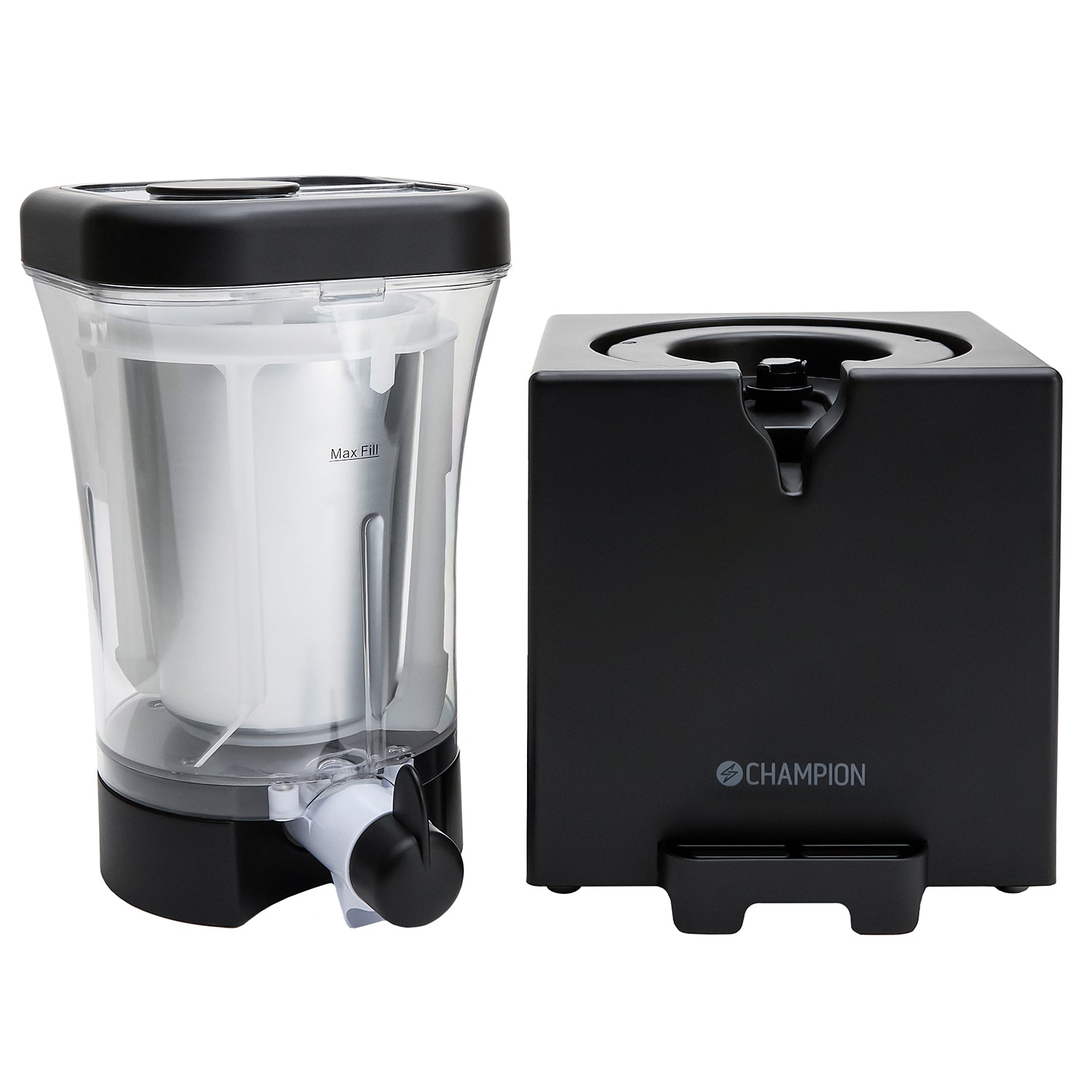 Champion Slush Ice Maskine 1L i sort ved siden af sort beholder med Champion-logo.