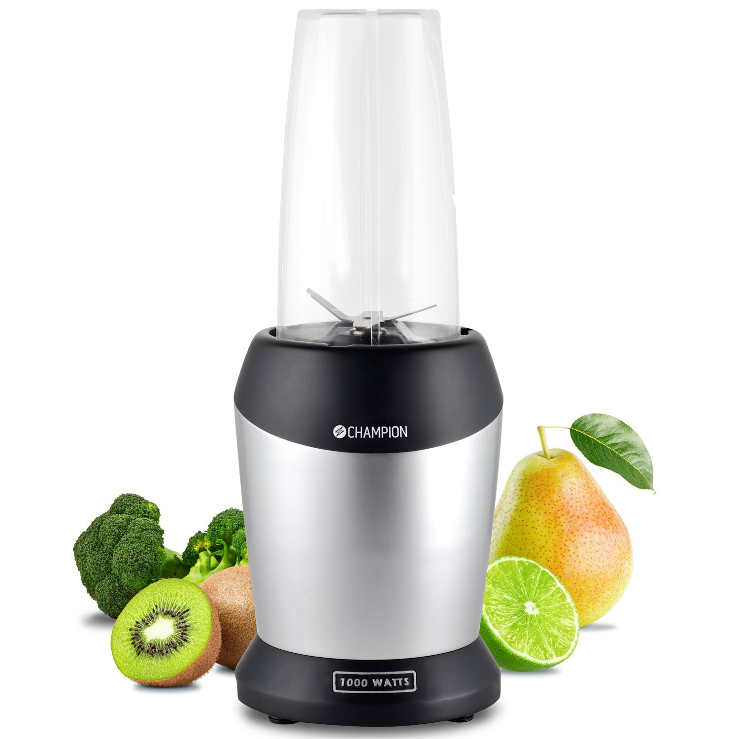 Champion Smoothie Blender 1000W i sølv og sort med klar BPA-fri Tritan-kande, vist foran pære, lime, kiwi og broccoli.