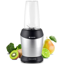 Champion Smoothie Blender 1000W i sølv og sort med klar BPA-fri Tritan-kande, vist foran pære, lime, kiwi og broccoli.