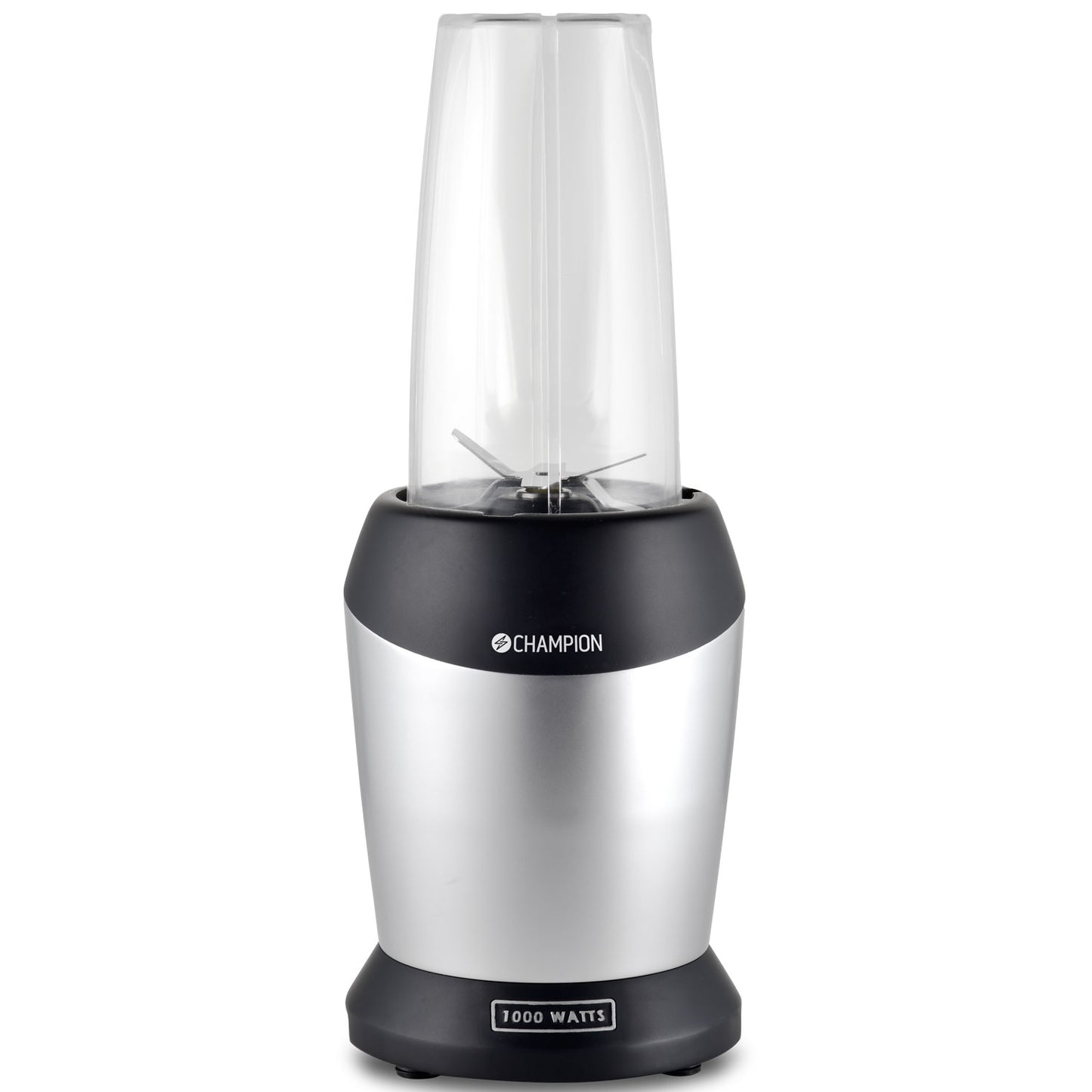 Champion Smoothie Blender 1000W, sølv-sort, transparent BPA-fri Tritan-blenderkop, frontlogo og wattangivelse.