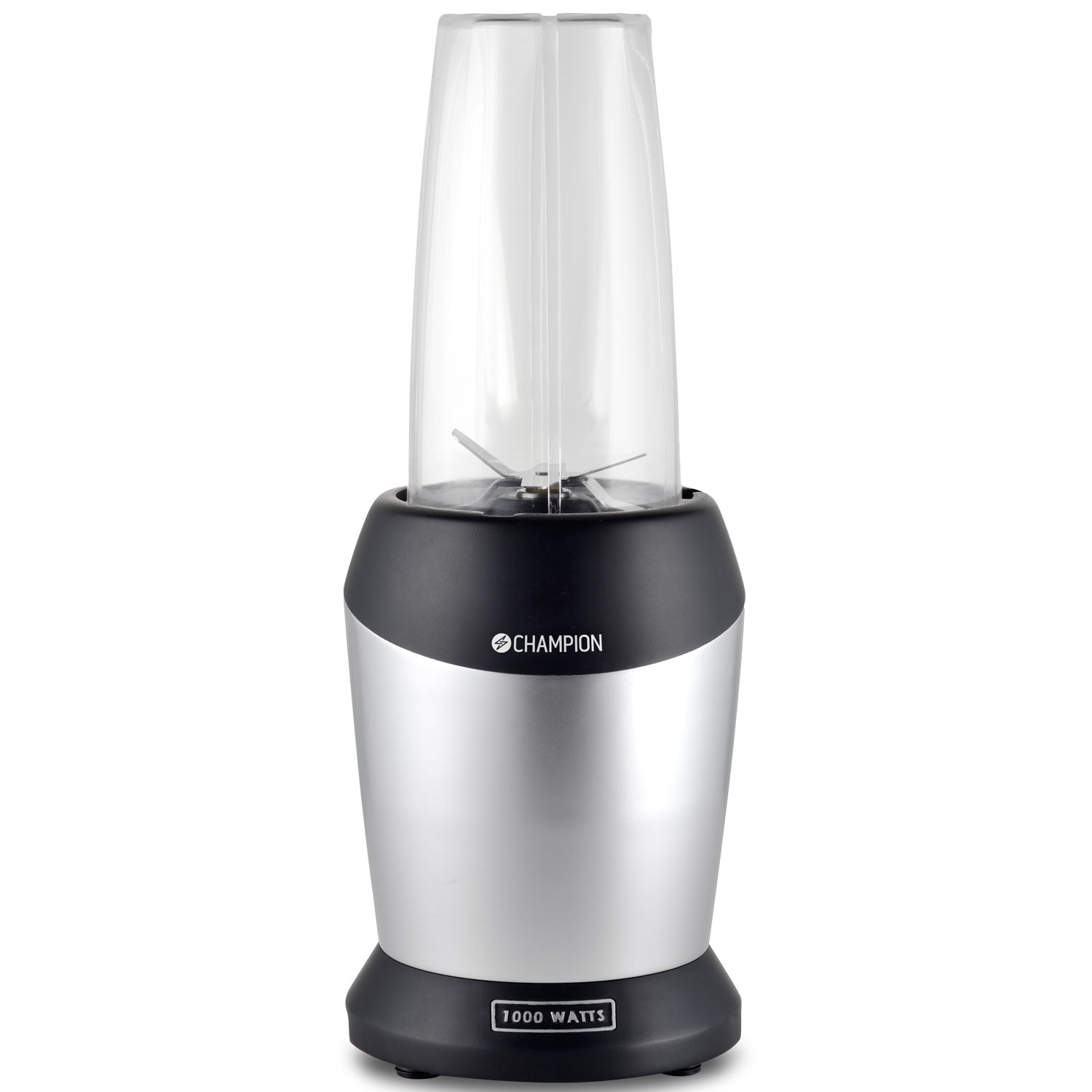 Champion Smoothie Blender 1000W, sølv-sort, transparent BPA-fri Tritan-blenderkop, frontlogo og wattangivelse.