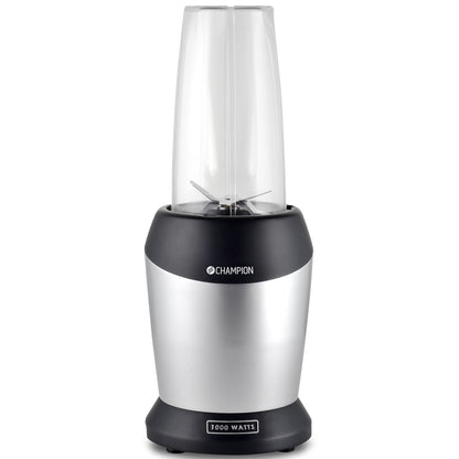Champion Smoothie Blender 1000W, sølv-sort, transparent BPA-fri Tritan-blenderkop, frontlogo og wattangivelse.