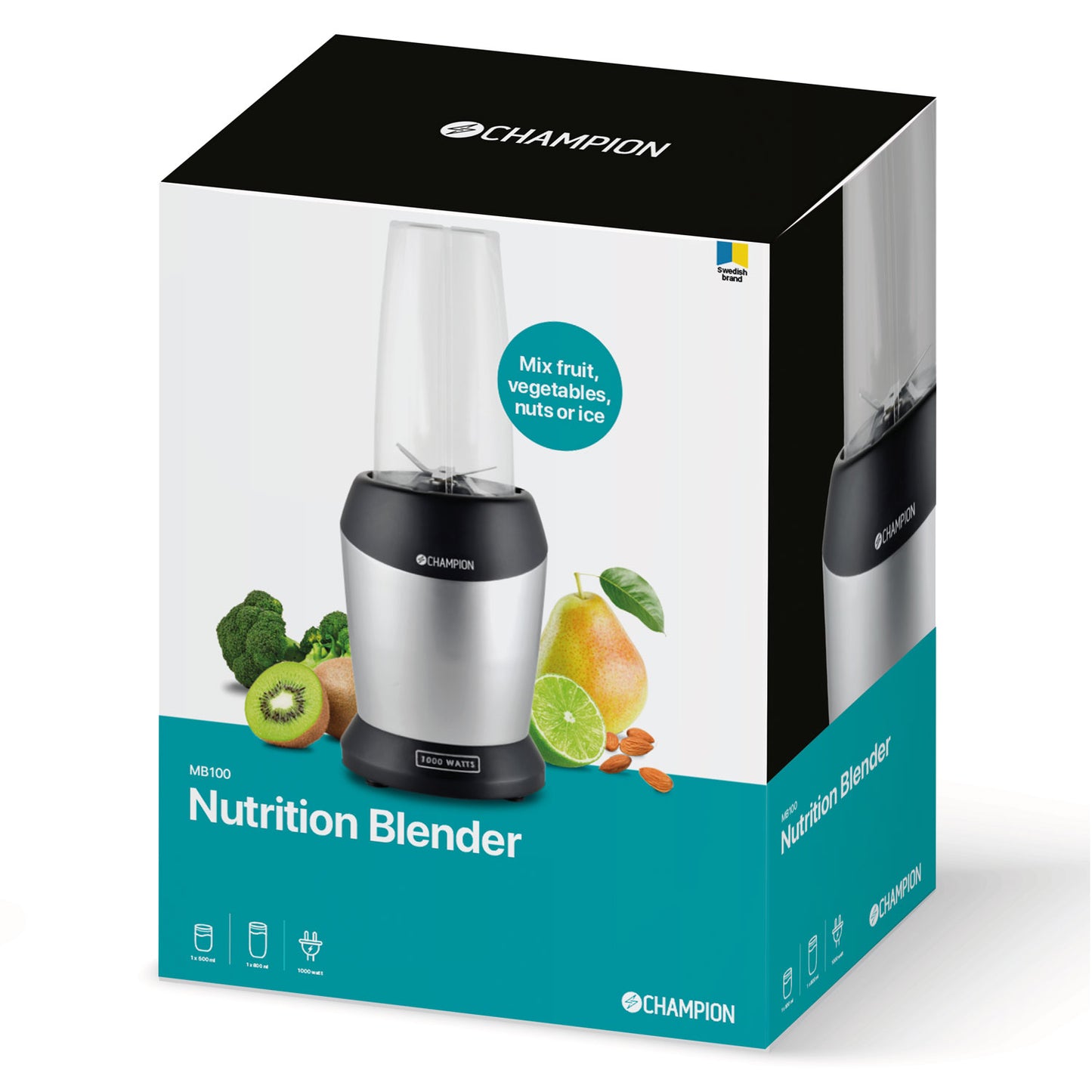 Champion Smoothie Blender 1000W i æske med BPA-fri Tritan beholdere, synlige frugter, grøntsager og nødder.