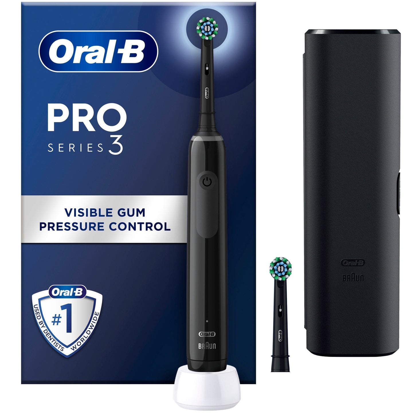 Oral-B Pro 3 elektrisk tandbørste sort med håndtag, 2 børstehoveder, stander, sort rejseetui, Gum Pressure Control.